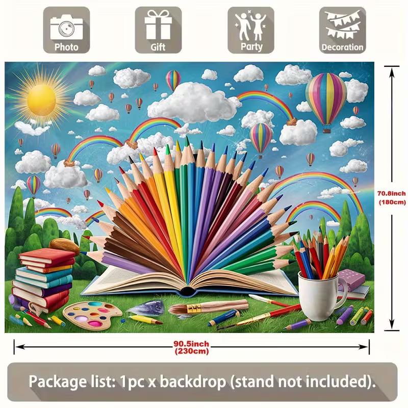 Colorful Pencil & Book Backdrop, Art Classroom Photography Background