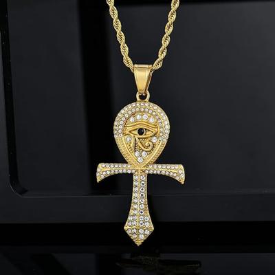 CZ Eye of Horus Pendant Necklace for Men Ancient Egypt Ankh Cross Necklace Amulet Protection Religious Jewelry