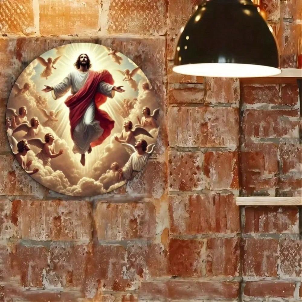 Metal Round Jesus Religious Wall Art, Angel Decor for Christian Home Living Room