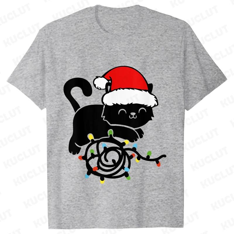 Fashion Trendy T Shirt Short Sleeve Tees for Unisex Funny Christmas Lights Cat T Shirts Female Korean Casual Streetwear Tshirt