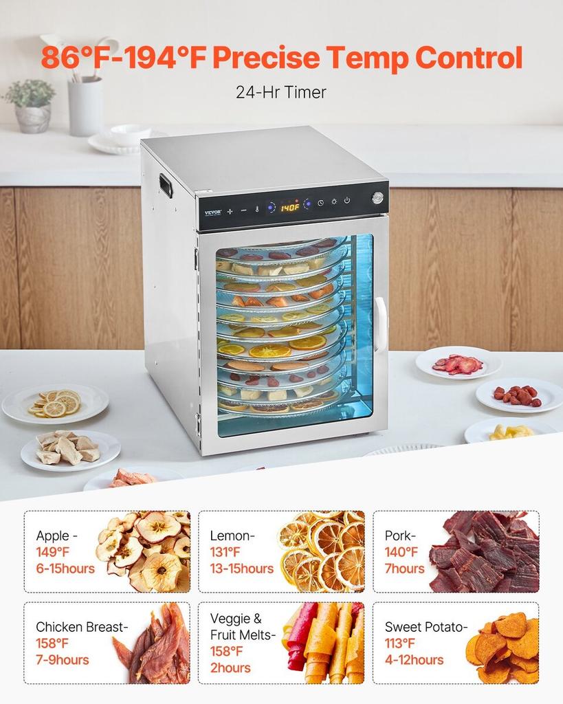 12 Trays Rotary Food Dehydrator Machine Stainless Steel 800W Fruit Drying