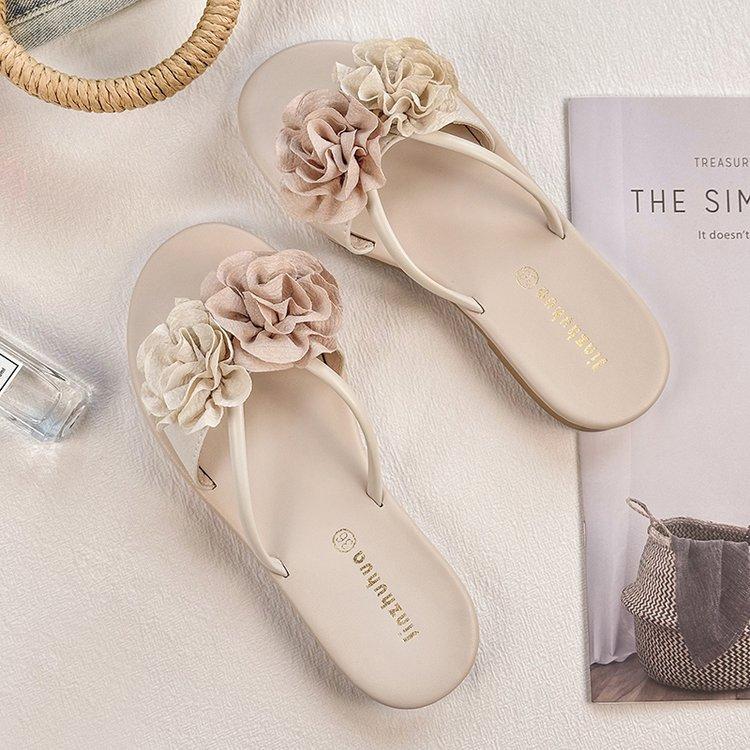 Camellia flower sandals, summer flat bottomed beach one line sandals