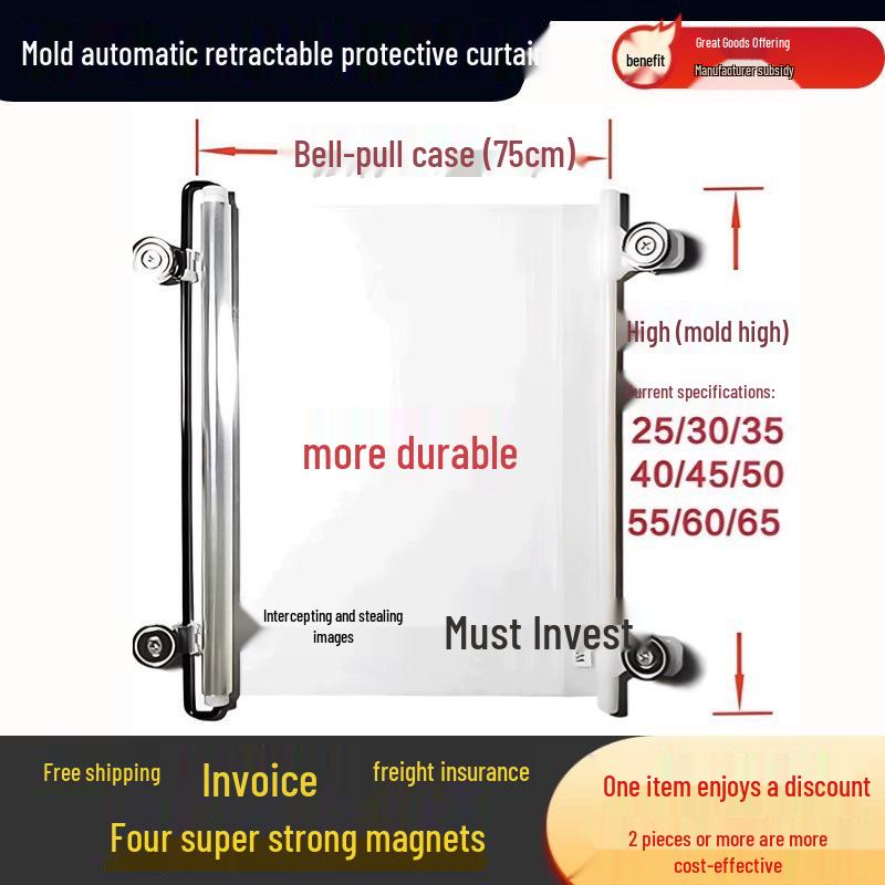 Automatic Retractable Mold Protection Curtain, Transparent & Thickened with Strong Magnets, Splash & Drop-Proof for Injection Molding Machines.