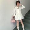 Women's Spring Arrival: Navy Collar White Pleated Dress with Beaded Long Sleeves and Bud Skirt