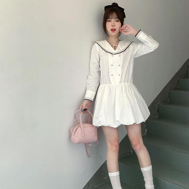 Women's Spring Arrival: Navy Collar White Pleated Dress with Beaded Long Sleeves and Bud Skirt