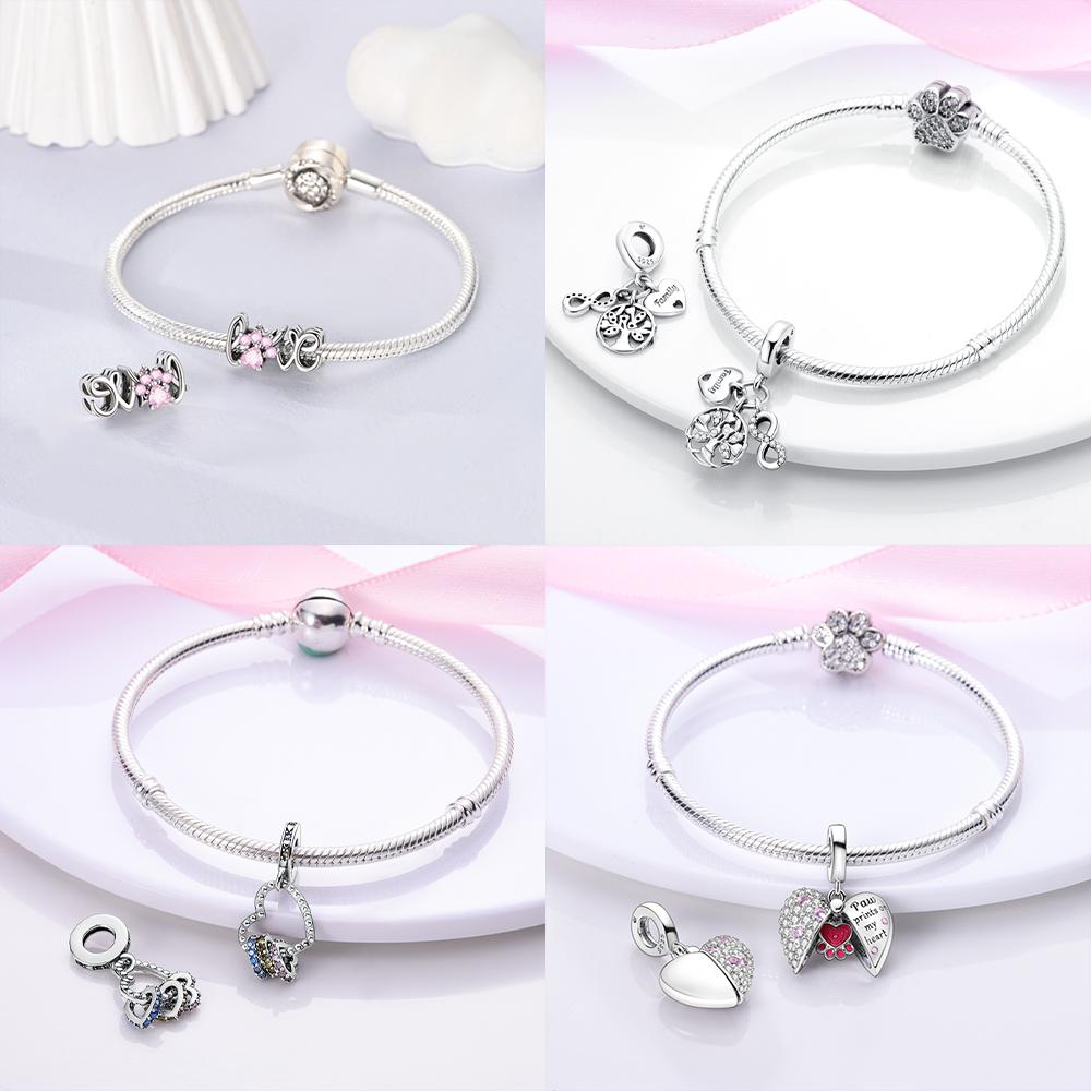 Original 925 Silver Charm Beads Tree of Life Cute Claw Heart Family Charm Pendant Fit Bracelet DIY Jewelry Women Fine Gift