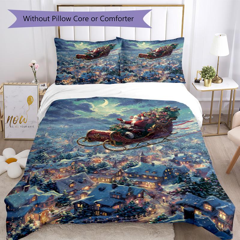 3pcs Christmas Santa Claus Bedding Set Duvet Cover Closure Includes 1 Duvet Cover & 2 Pillowcases, Soft and Comfortable for All Seasons.