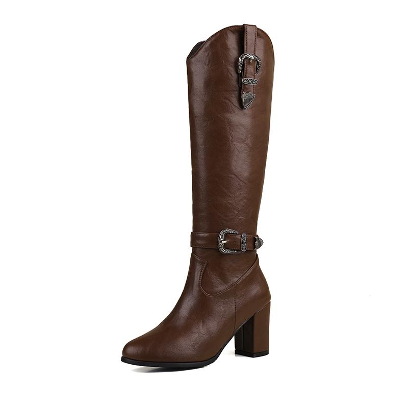 Women's high-heeled boots autumn and winter new solid-color thick-heeled boots versatile large-size Roman medium boots