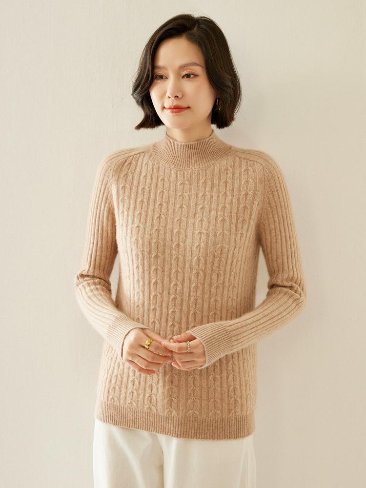 Women's Retro Cable-Knit Cashmere Half-Turtleneck Sweater - Autumn/Winter Base Layer, Solid Color
