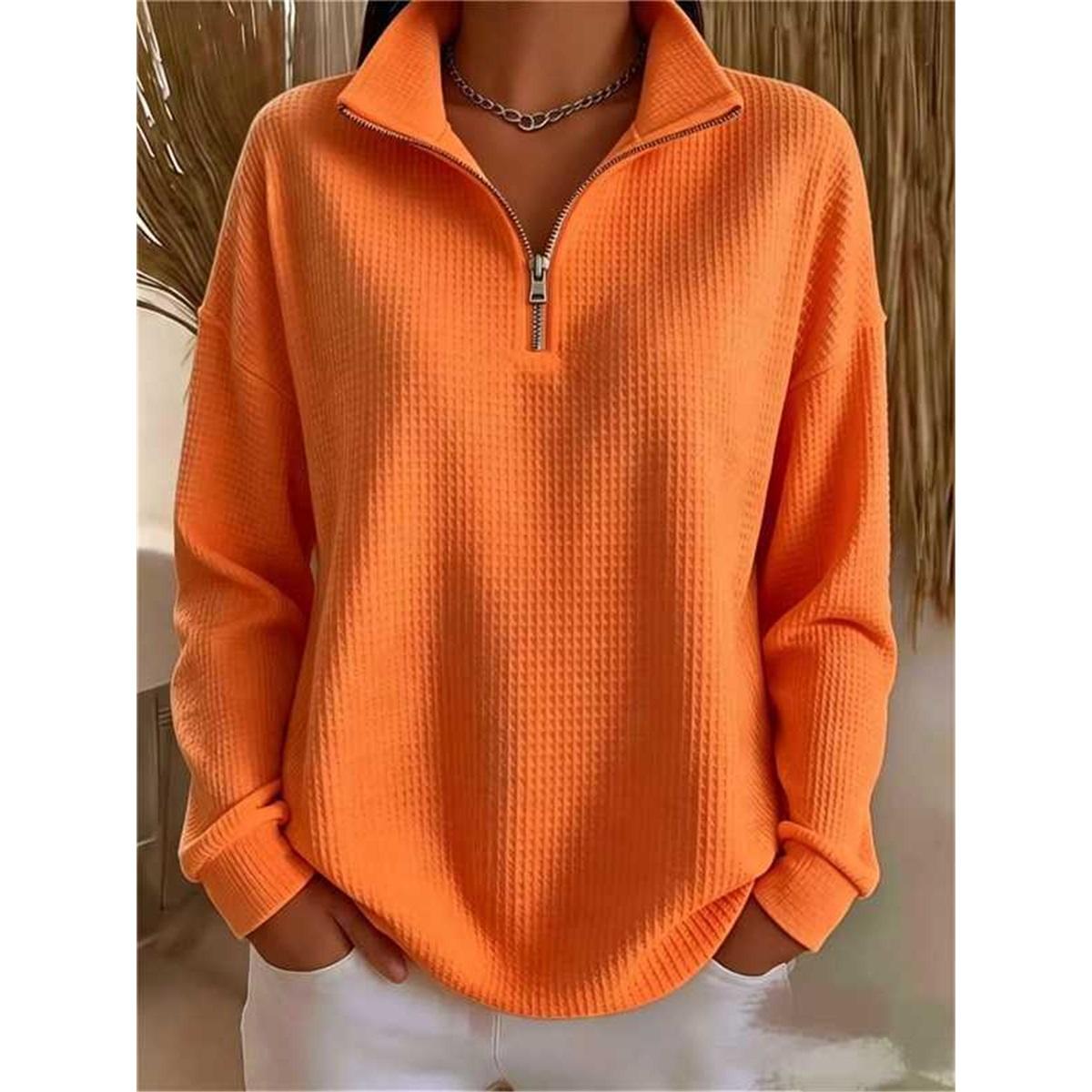 Dames Wafelbrei Halve Rits Kraag Sweatshirt Los Lange Mouwen Casual Pullover Blouse Top Met Zakken XXL