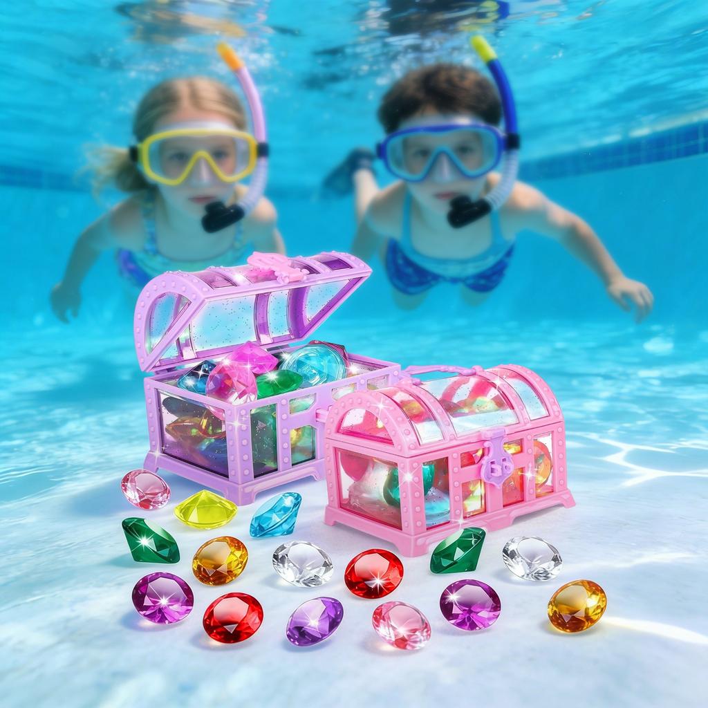 Children's Water Play Treasure Chest Toy Set with Assorted Gem Shapes for Summer Pool Diving Games Suitable for Outdoor and Indoor Use