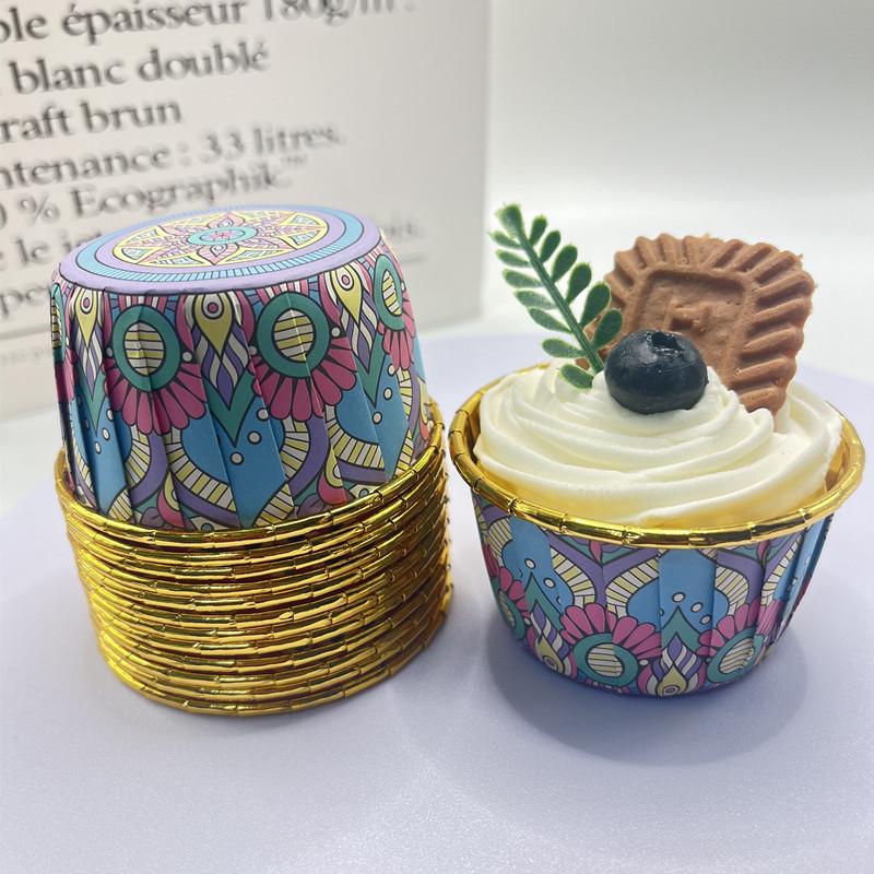 100pcs Bohemian Pattern Middle East Single Sided Gold Muffin Cups Rolled Mouth High Temperature Resistant Thickened Cake Cups