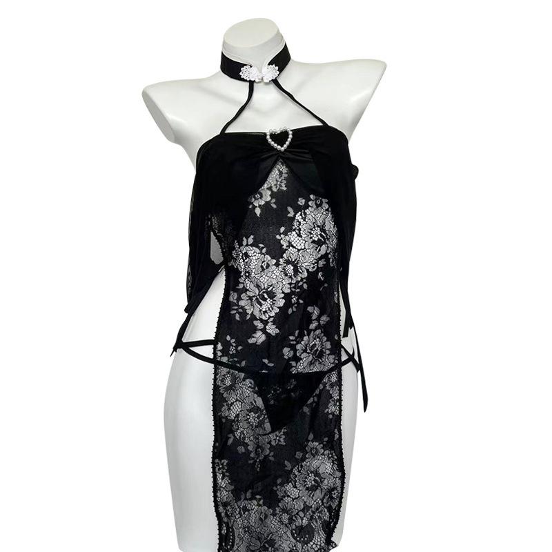 Sexy Underwear Women's Small Breast Suit Night Fan Perspective Cheongsam Antique Lace Uniform Seduction Sexy Pajamas