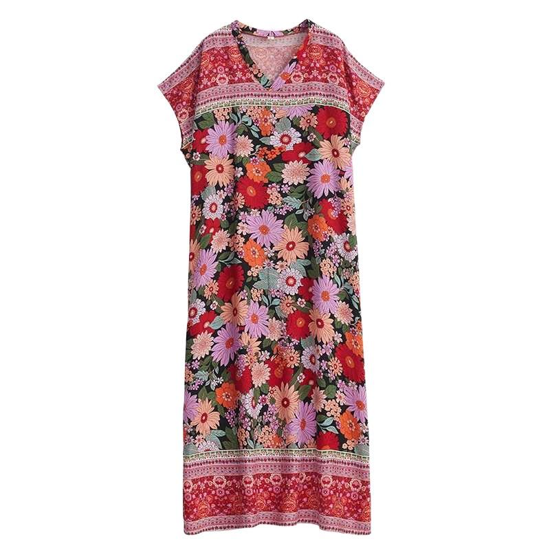 Women's Summer Boho V-Neck Maxi Dress C Flowy Vintage Print Rayon Caftan, Loose Fit Beach Cover-Up