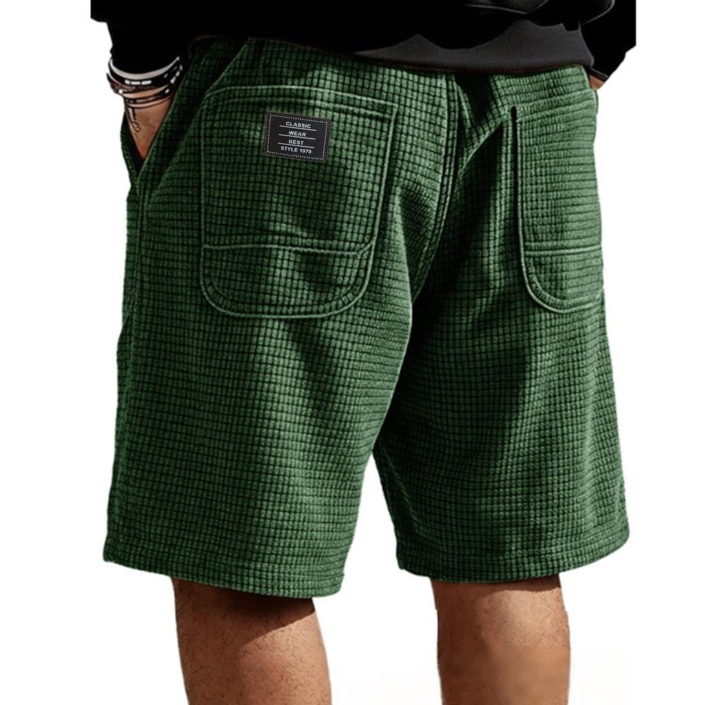 Men's Summer Corduroy Casual Shorts with Multiple Pockets, Embroidered , Drawstring Elastic Waist