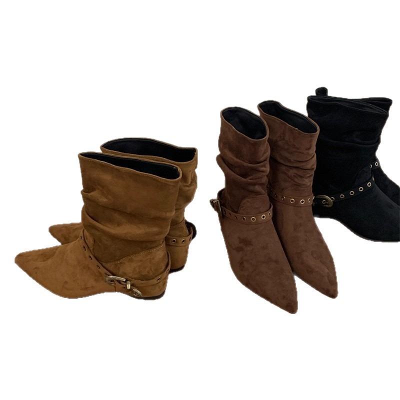 Cowhide version pleated stacking boots pointed inner heightening short boots Martin boots women's belt buckle medium boots thin boots