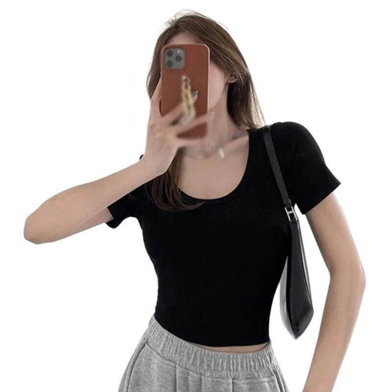 Kvinner Crop Top Firkantet Neck Slim Fit Kortermet Ensfarget Uformell Tee T-skjorte Workout Yoga Top Base Shirt