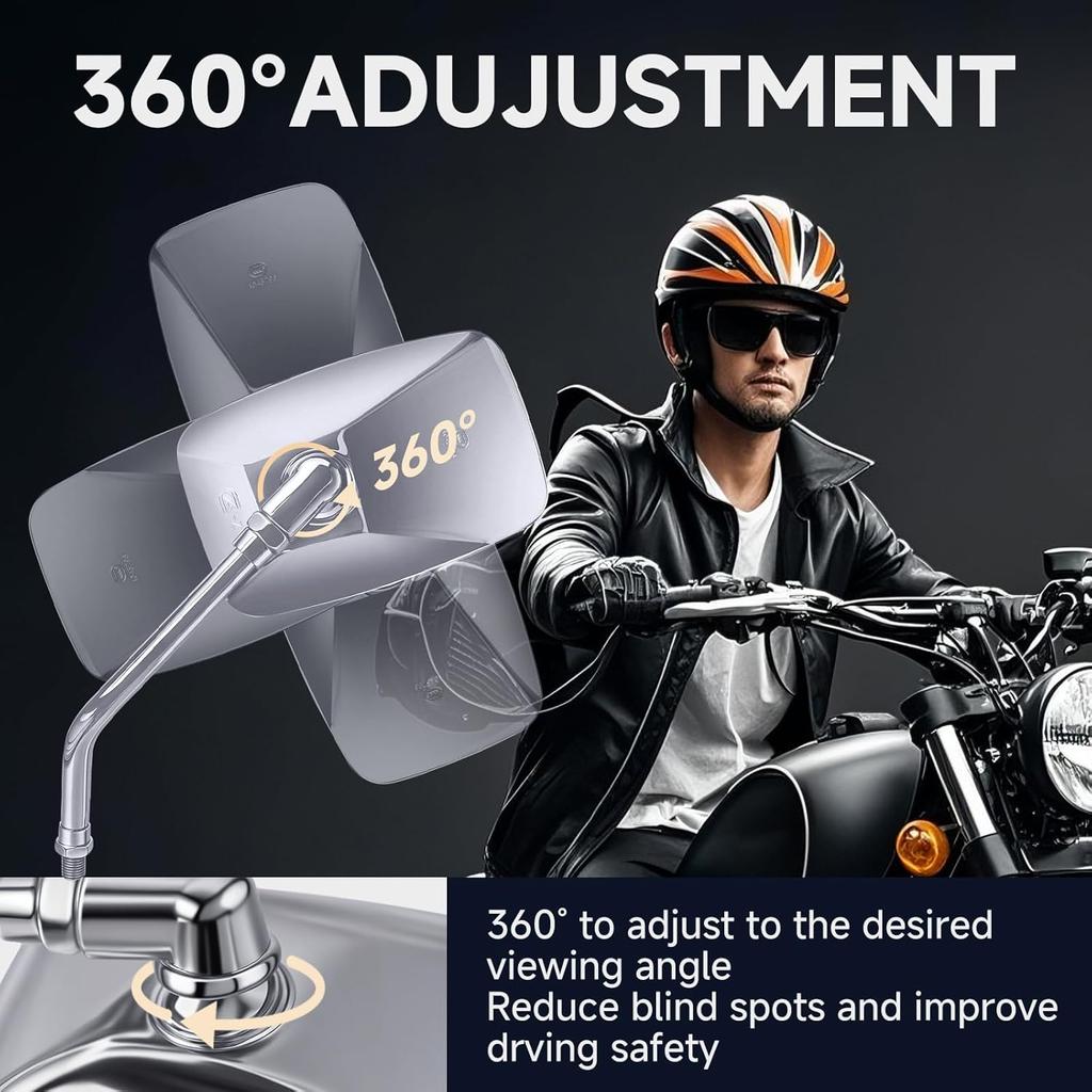 Universal Motorcycle Mirrors - M10 Chrome Rectangle Handlebar Rearview Mirrors Compatible With Honda Shadow MSX125 Kawasaki Vulcan Z900 Suzuki SV650