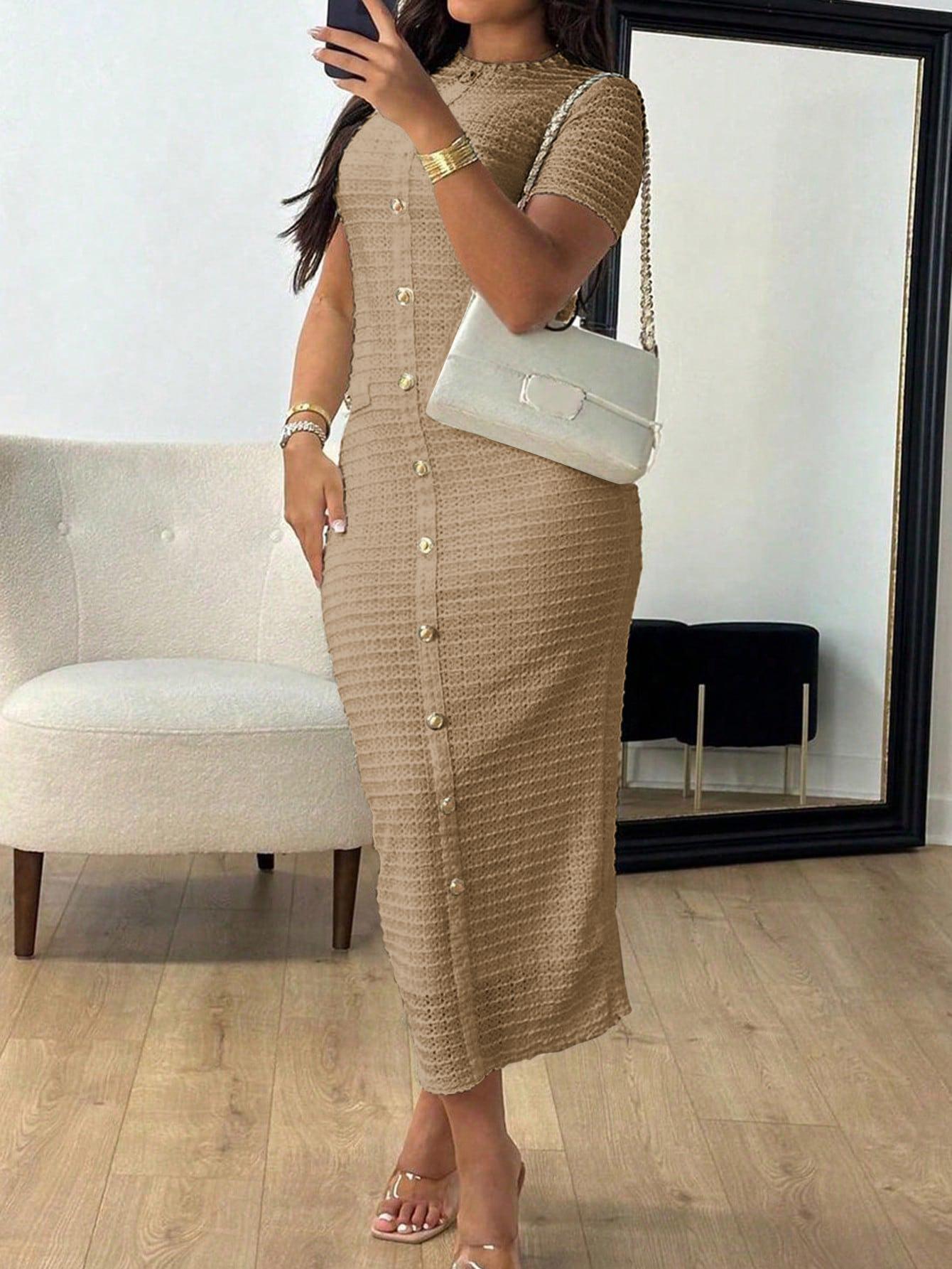 

Kai Kuo 2025 Spring/Summer European & American Style Retro Slim Fit Short Sleeve Cardigan Dress Extra Large хакі