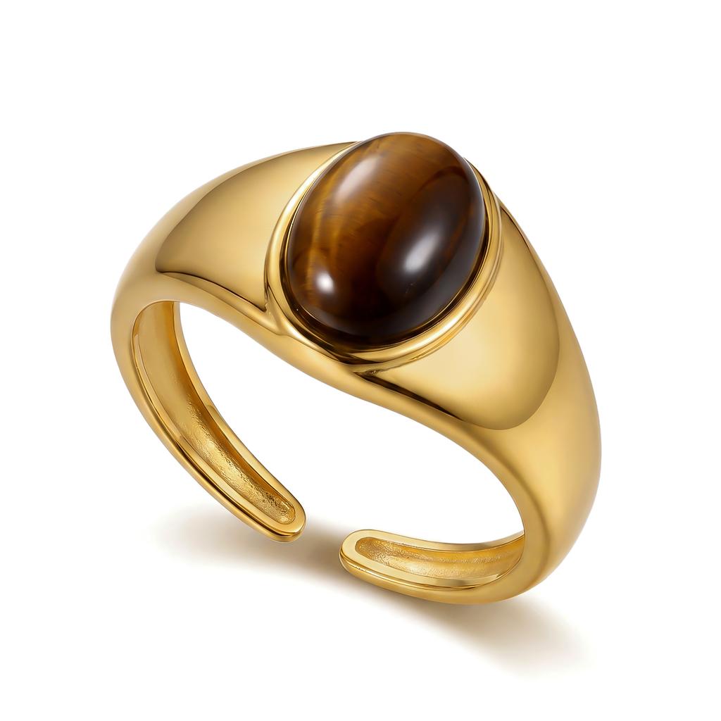 Maillard Style Tiger's Eye Signet Stone Ring for Women Adjustable Gold Plated PVD Coating Stainless Steel Party Jewelry Gift