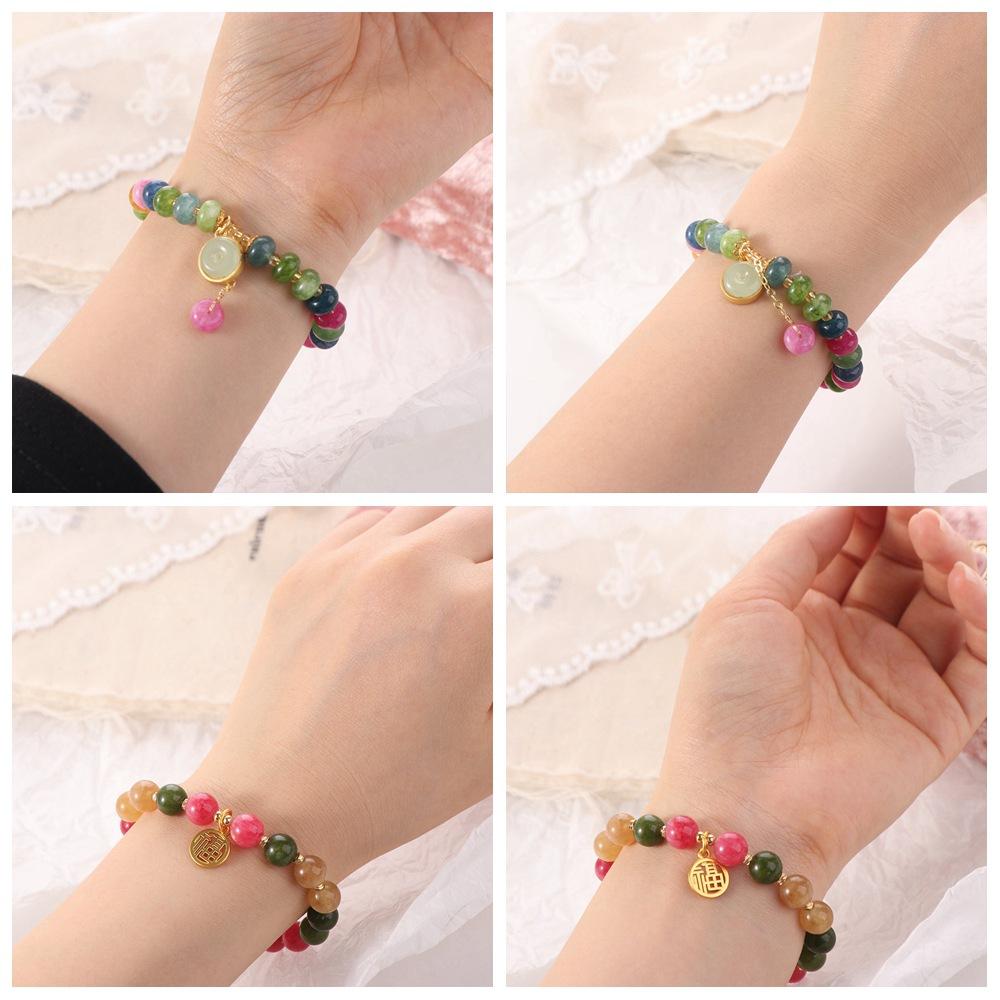 Colorful Stone Beads Bracelet Vintage Beaded Hand Bangle Light Luxury Bead String Bracelet Girls