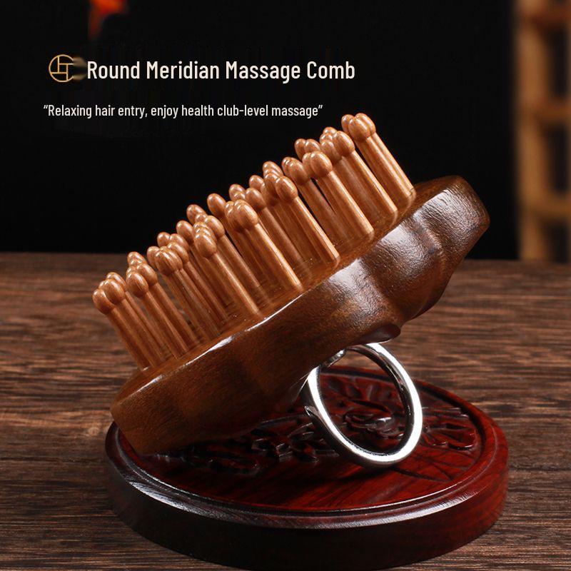 Sandalwood Massage Comb: Round Disc Finger Ring Shampoo Brush for Body and Scalp.