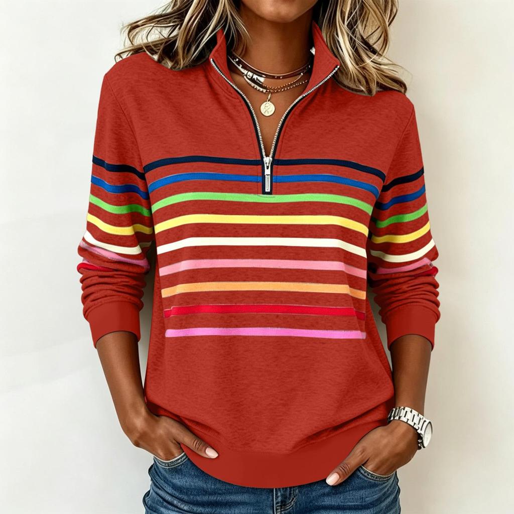 Damen Gestreiftes Reißverschluss-Vorderteil Reverskragen Langarm Sweatshirt Lässiger Pullover