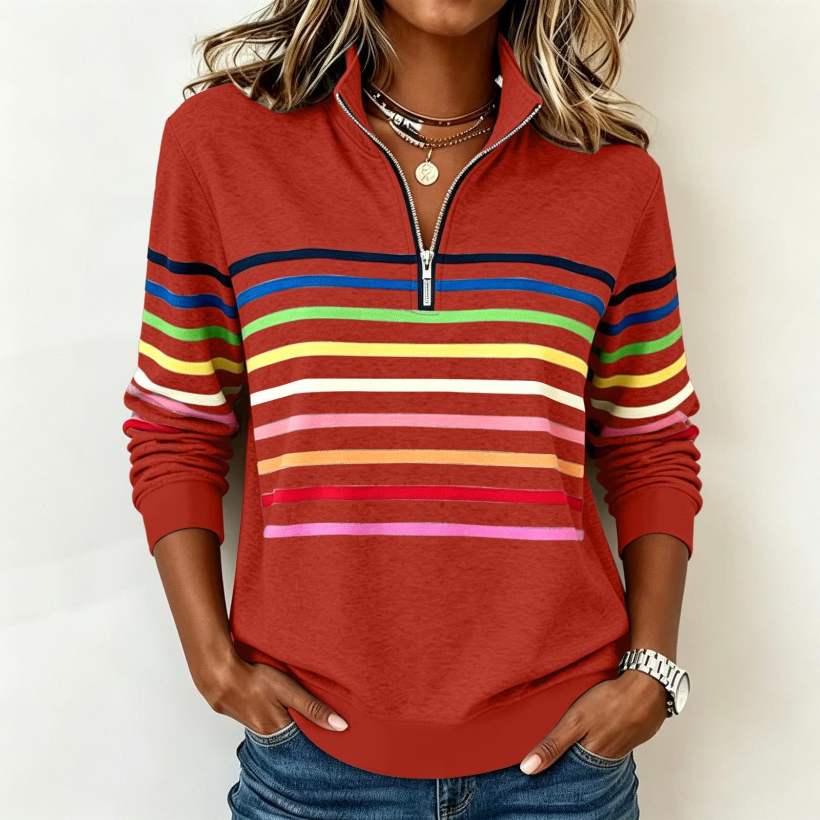 Damen Gestreiftes Reißverschluss-Vorderteil Reverskragen Langarm Sweatshirt Lässiger Pullover M rot
