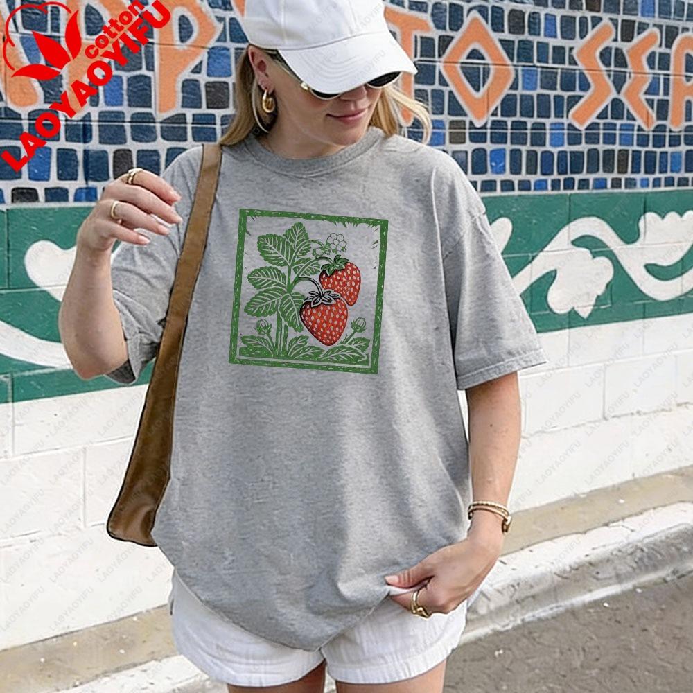 Strawberry Cottagecore Shirt Vintage Botanical Strawberry Tee Garden Fruit Block Print TShirt Berry Plant Graphic Unisex Tshirt