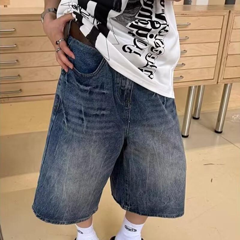 American rivet washed lightning pattern seven-point jeans men's and women's spring and summer tide brand loose couple old shorts