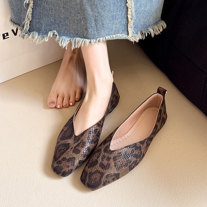Fashion Big Size 35-43Snake Pattern Leather Woman Square Toe Shallow Ballet Flats Wowen Ballerinas Daily Slip on Loafers Mocasines Mujer