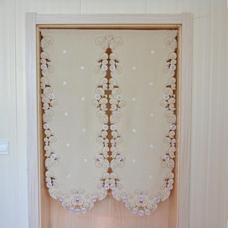 Rideau Court Kaki Clair Tissu Brodé Rideau de Porte Marguerite Rideau Élégant pour Chambre Salon Salle de Bain Cuisine, Sans Tringle, 1 pièce