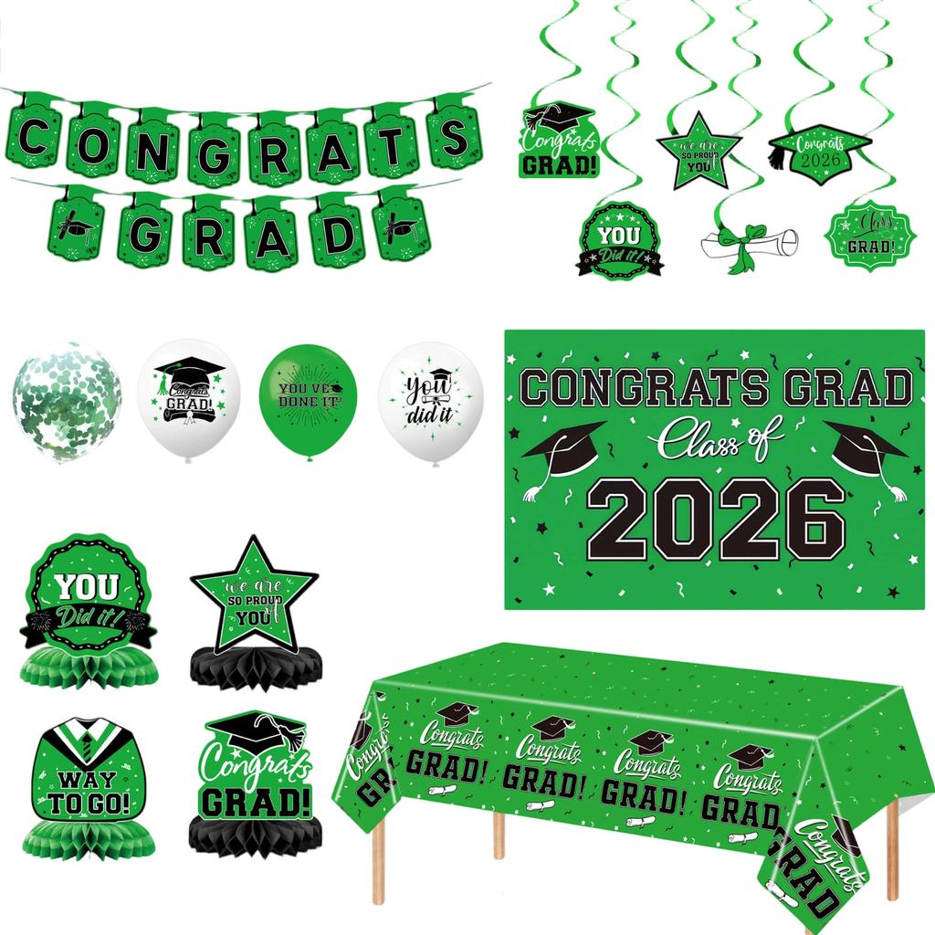 Graduation Party Decoration Set 33pcs Congrats Grad Banner Swirls Balloons Tablecloth Centerpieces for Graduation Celebration Supplies