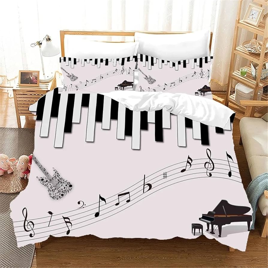 Musical Notes Duvet Cover,Piano Key Comforter Cover Twin Queen Size,Music Themed Bedding Set Melody Musical Note Bedclothes 3Pcs