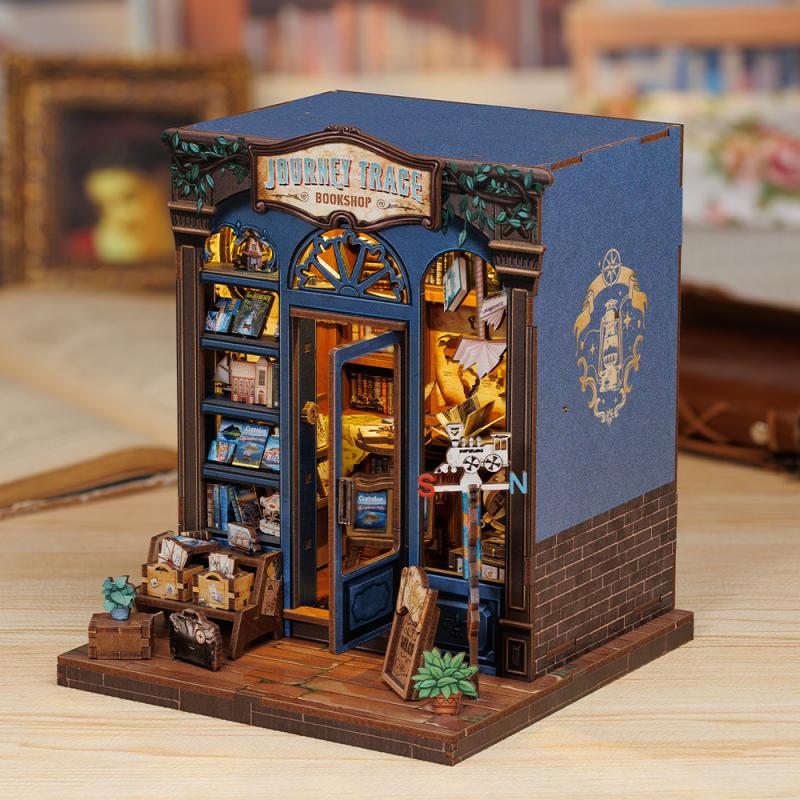 DIY Booknook Kit Miniature Dollhouse with Light Bookshelf Insert Home Decor Wooden 3D Puzzle for Journey Trace Bookshop