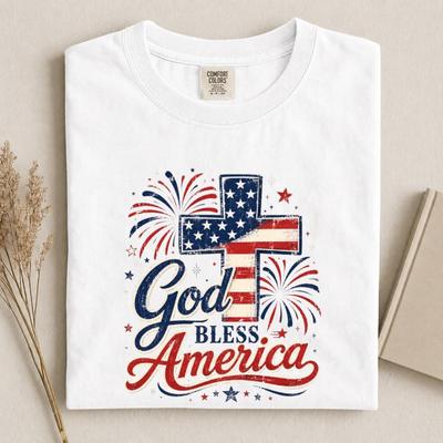 God Bless America Christian T-Shirt and Kids Tshirt, American Flag Cross Faith Tee