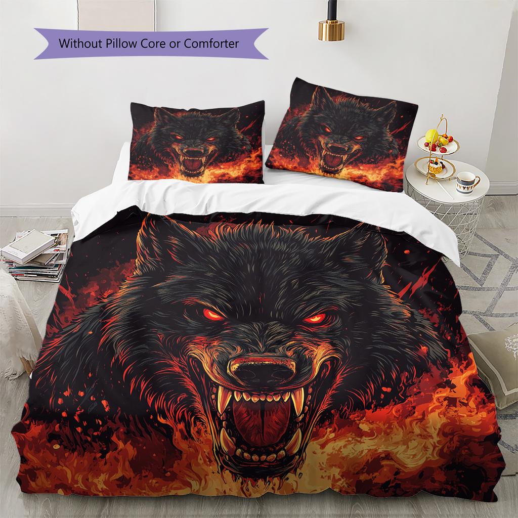 Flame Wolf Pattern Bedding Quilt Set Quilt Cover Pillowcase Home Decoration Gift (1 * duvet cover + 2 * pillowcase, without core)