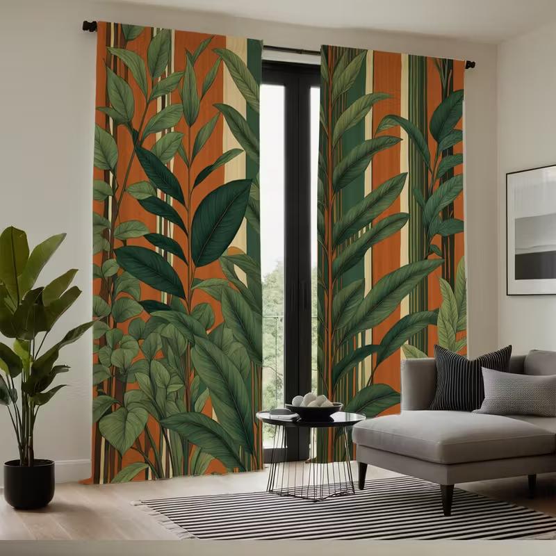 2pcs Boho Tropical Leaf & Striped Pattern Curtains, Designed for Light Blocking, Premium Material, Suitable for Living Room, Bed