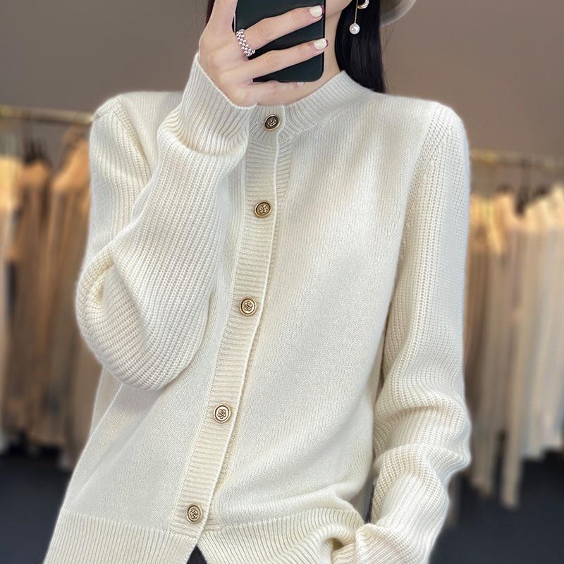 Women's 100% Cashmere Wool Loose Knit Sweater Coat - Round Neck, Spring Cardigan Style.