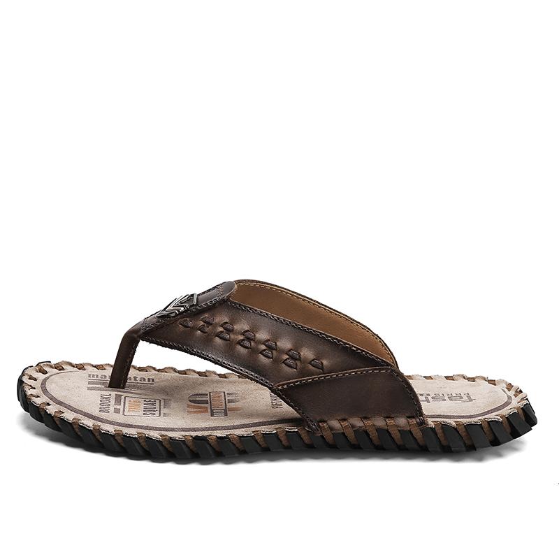 Fashion Golden Sapling Beach Flip Flops Summer Men's Shoes Genuine Leather Flats Retro Men Slippers Fashion Outdoor Slides Casual Shoe