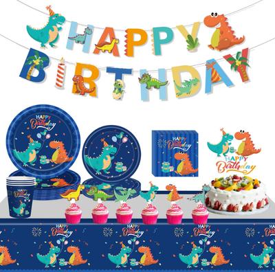 Zestaw zastawy stołowej z motywem dinozaura na urodziny chłopców, impreza z dinozaurem, jednorazowe kubki papierowe, talerze, zastawa stołowa z motywem flagi
