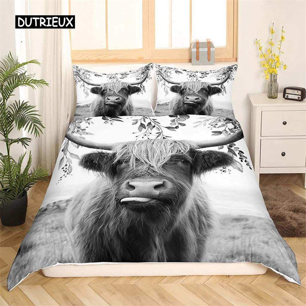 Bettbezug mit Highland-Kuh-Motiv, Western-Bettwäscheset mit Bauernhoftieren, King-Size-Bett, für Jungen und Mädchen, Mikrofaser, Blumenmuster, Bullen- und Rinder-Bettbezug