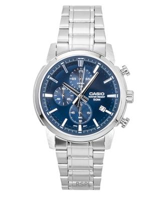 Cronógrafo Analógico Aço Inoxidável Mostrador Azul Quartzo MTP-E510D-2A2V Relógio Masculino