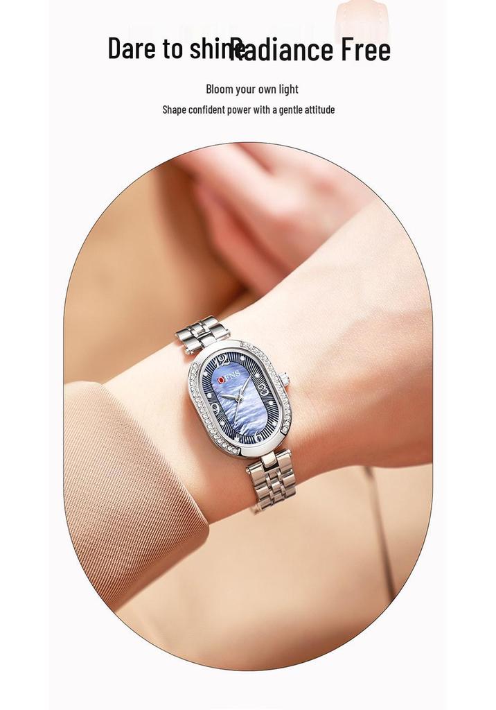 Oufanni Women's Vintage-Style Diamond-Inlaid Oval Mother-of-Pearl Watch - Waterproof Quartz with Light Luxury Appeal