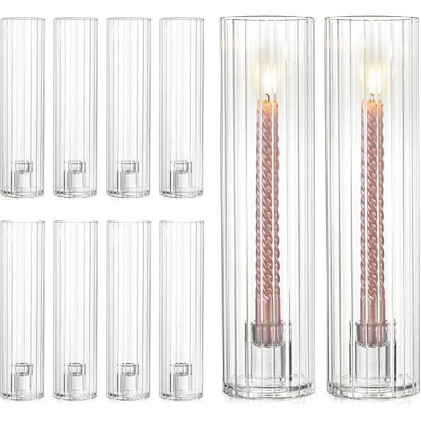 NUPTIO Taper Candle Holders for Centerpiece: Ribbed Hurricane Glass Candlestick Holder - Set of 6 Windproof Fluted Candle Stick Stand for Fall