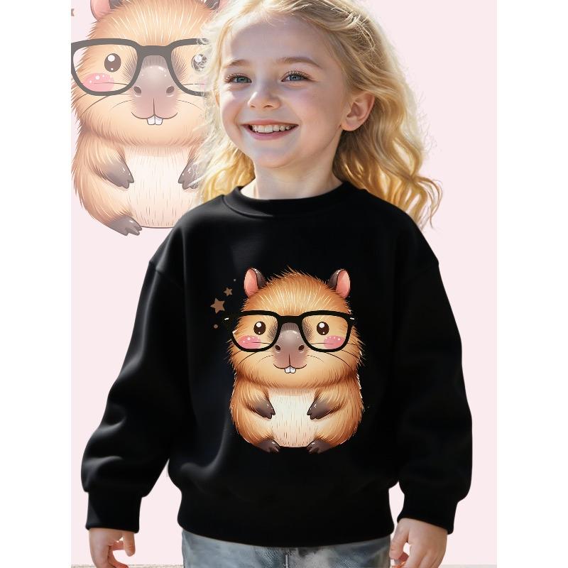 Adorable Hamster in Glasses: A Delightful Cartoon Design on a Long-Sleeve Crewneck Sweatshirt-Comfortable Casual Pullover Featuring a Charming Graphic