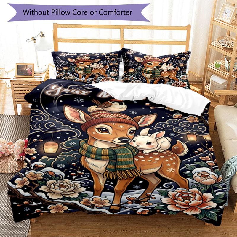 3PC Custom Name Winter Deer Bunny Bedding Set Duvet Cover Closure Includes 1 Duvet Cover & 2 Pillowcases for Bedroom