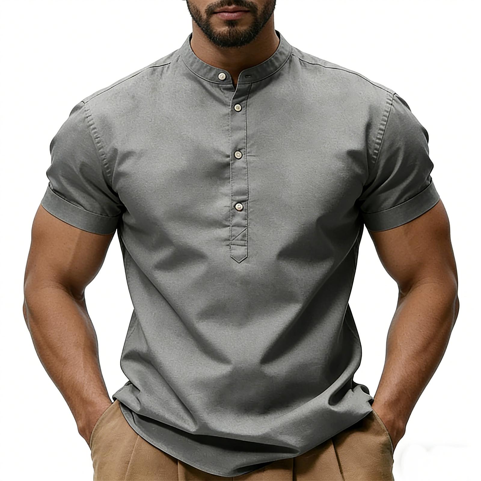Men s Casual -color V-neck Short-sleeved T-shirt, Cotton And Linen Blend Casual Top With Decorative Buttons. L
