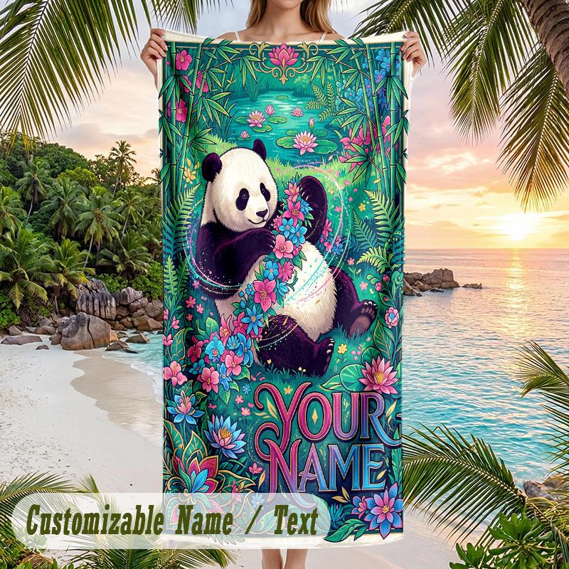 Panda Bamboo Forest Adventure Theme Quick Dry Beach Towel Custom Name Text Print Large Sand Resistant Towel Beach Vacation
