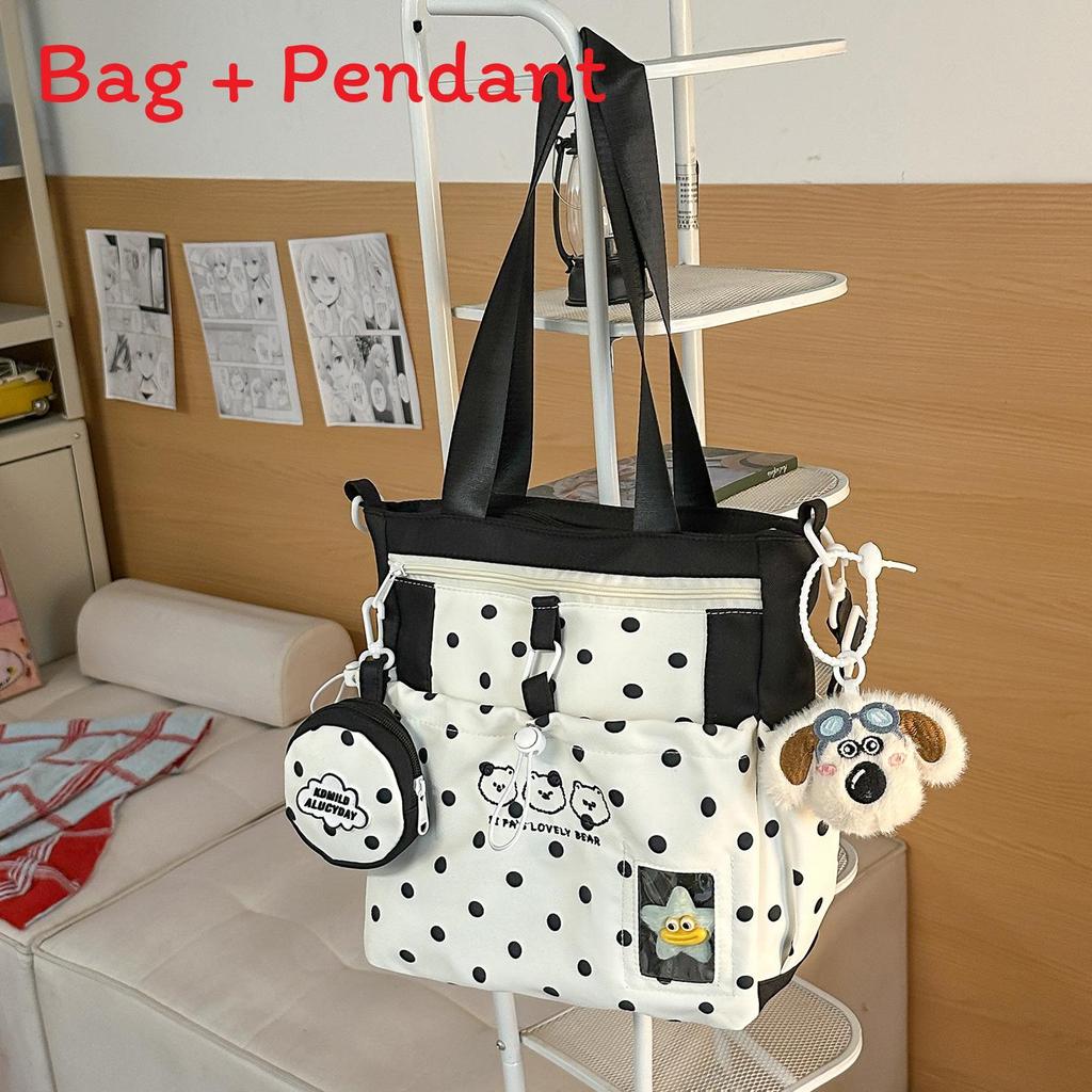 

College Style Girl Backpack With Nylon And Dot Pattern For School Travel Black B